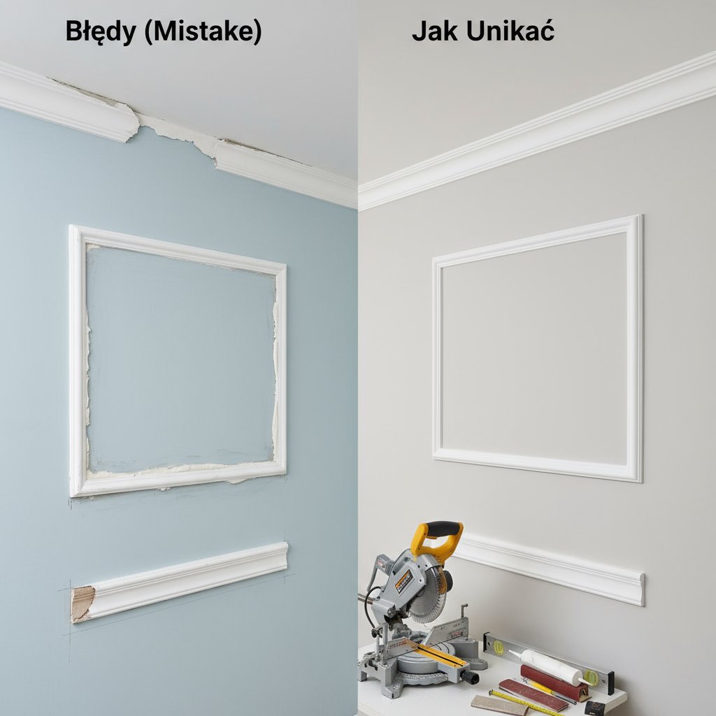 Alt="Błędy montażu sztukaterii: pęknięcia, nierówne łączenia, zacieki kleju. Profesjonalne wskazówki jak unikać ...